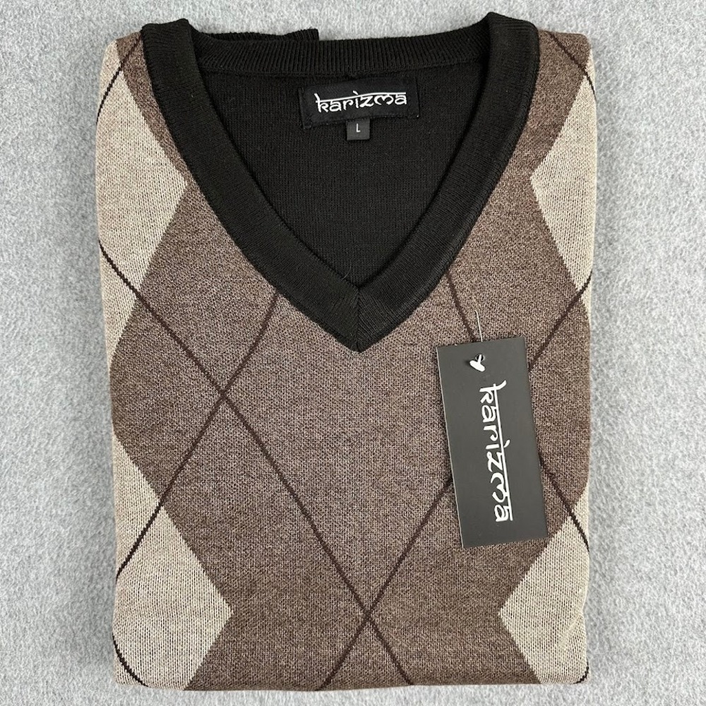 NEW Mens V Neck Sweater Argyle Brown Beige Black‎ Long Sleeve Size Large Karizma